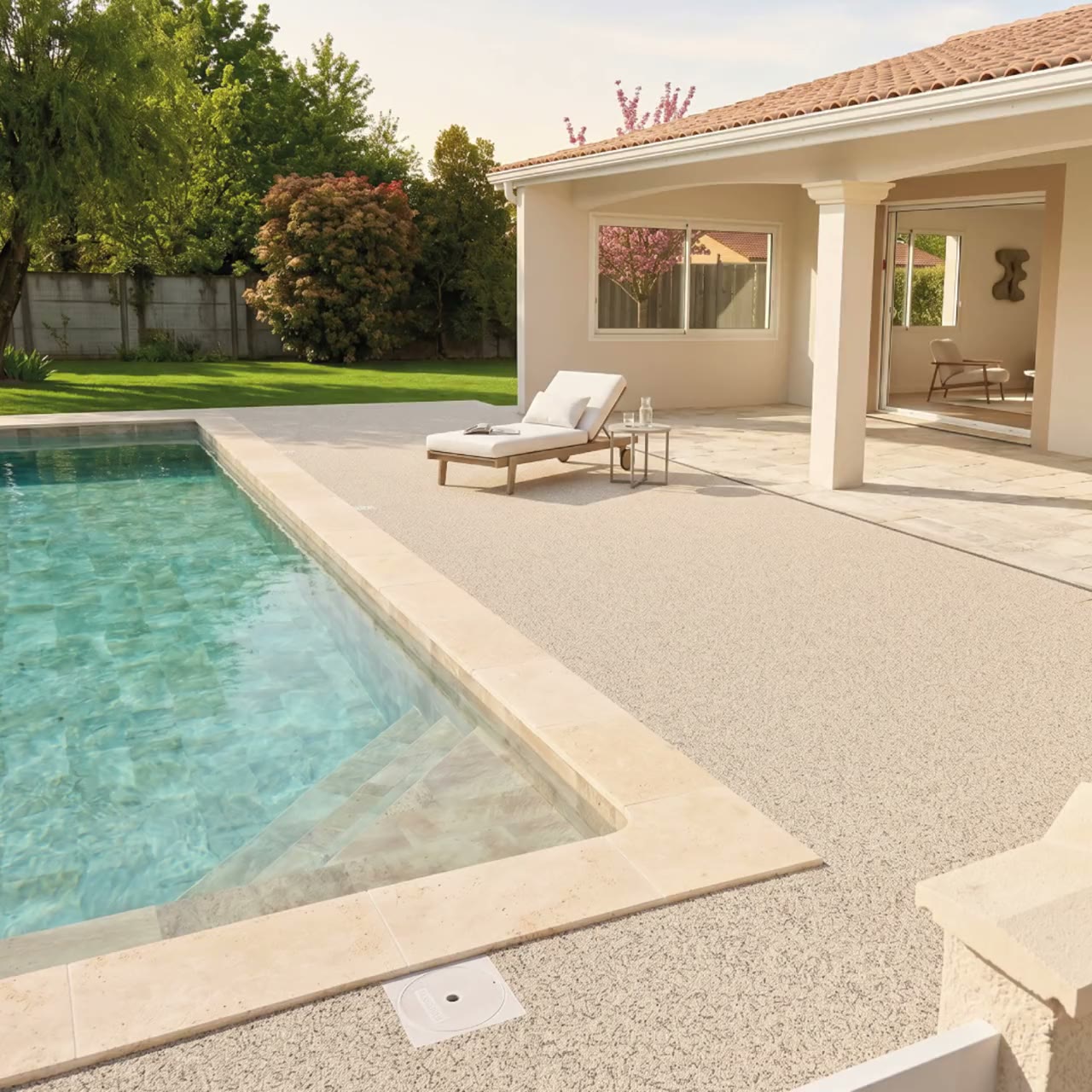 Plage de piscine bordée d’une terrasse en résine et granulats beige